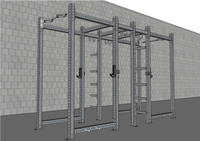 Thumbnail for Gray steel dual power rack with multi-grip pull-up bar, plate storage, and J-hooks against a brick wall.