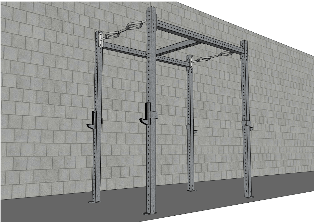 Gray steel fitness rig with multi-grip pull-up bar and J-hooks against a concrete block wall.