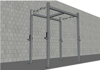 Thumbnail for Gray steel fitness rig with multi-grip pull-up bar and J-hooks against a concrete block wall.