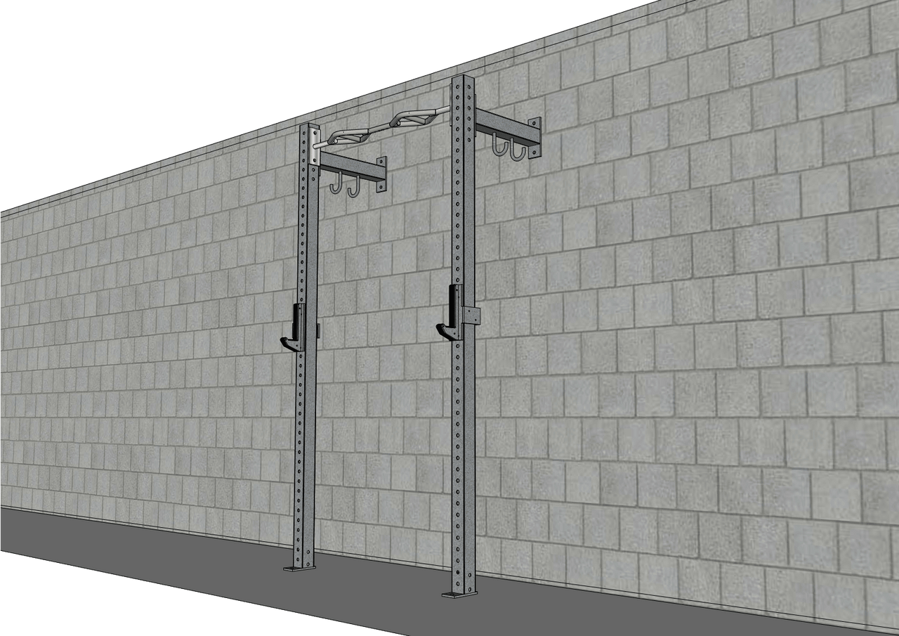Wall-mounted steel fitness rig with pull-up bar and J-hooks against a gray brick wall.