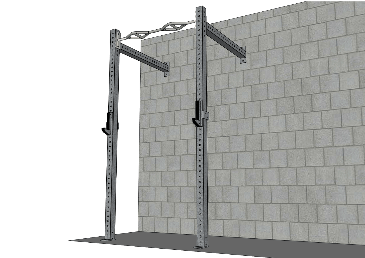 Gray wall-mounted fitness rig with multi-grip pull-up bar and J-hooks against a concrete block wall.