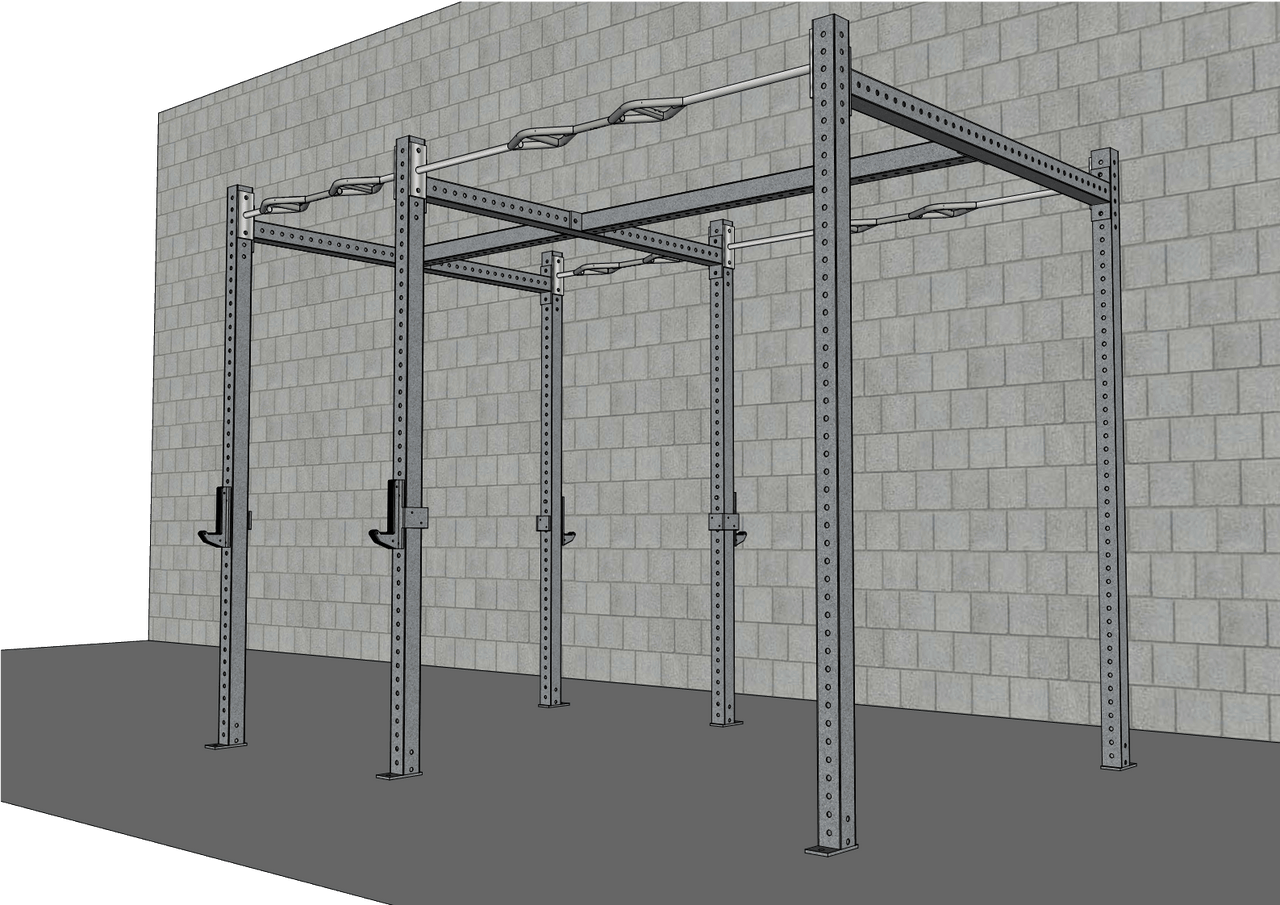 Gray steel fitness rig with multi-grip pull-up bars and J-hooks against a concrete block wall.