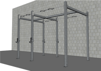 Thumbnail for Gray steel fitness rig with multi-grip pull-up bars and J-hooks against a concrete block wall.