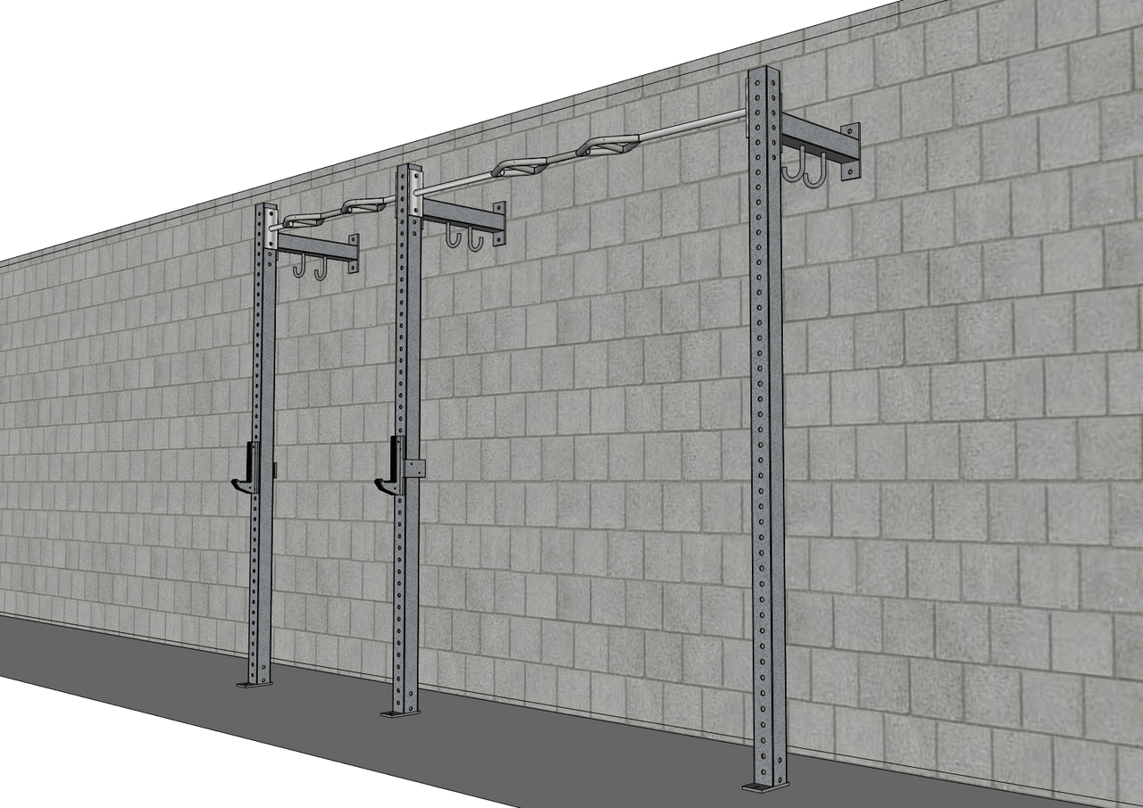 Three-section wall-mounted fitness rig with pull-up bars and J-hooks against a gray brick wall.