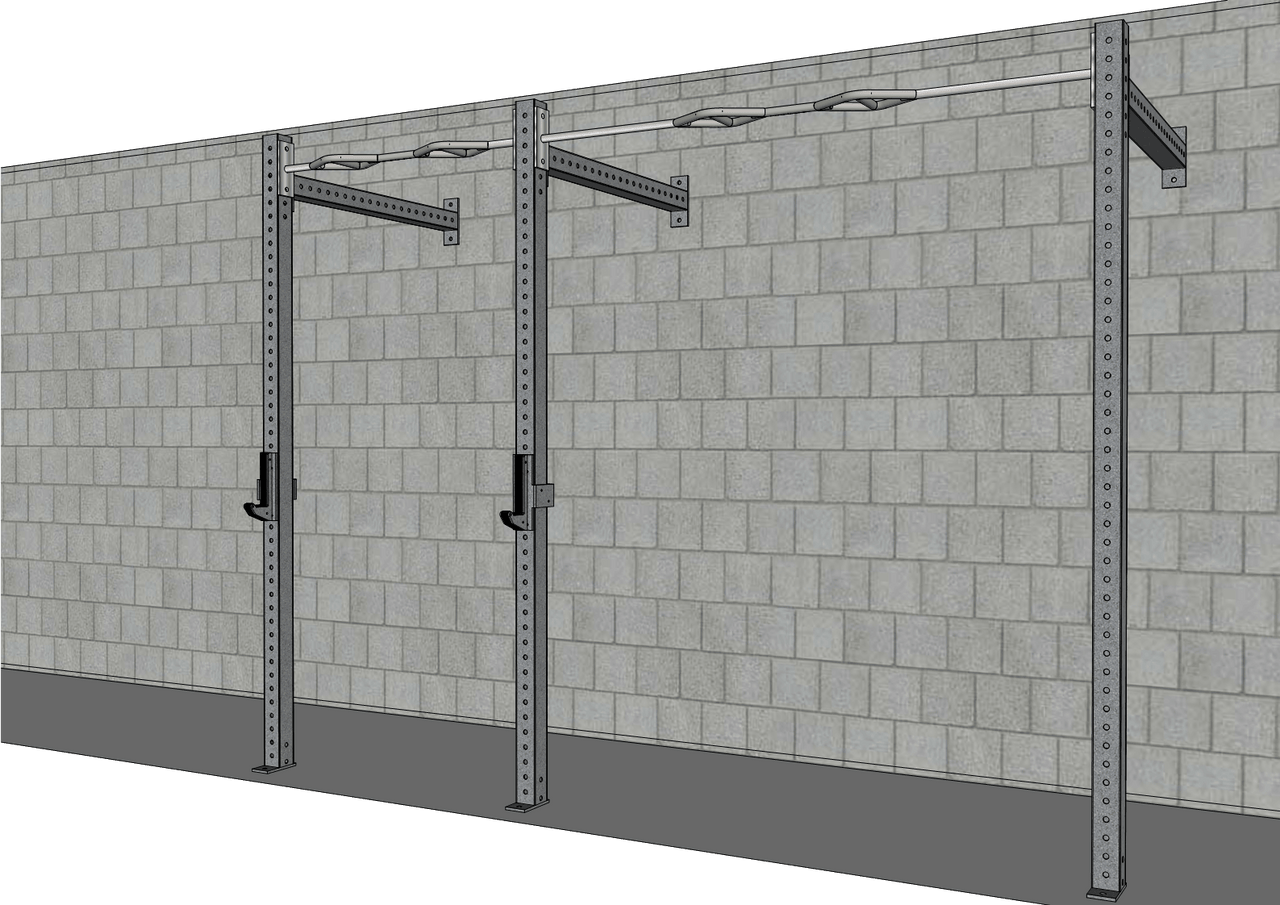 Grey wall-mounted fitness rig with two uprights, multi-grip pull-up bar, and J-hooks.