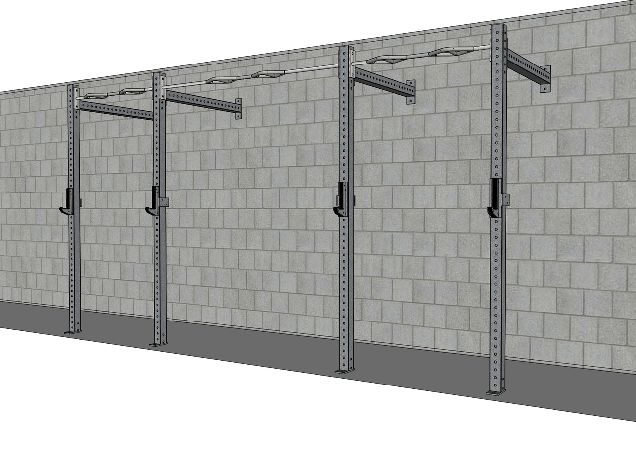 Gray wall-mounted gym rig with three uprights, pull-up bars, and J-hooks against a concrete block wall.