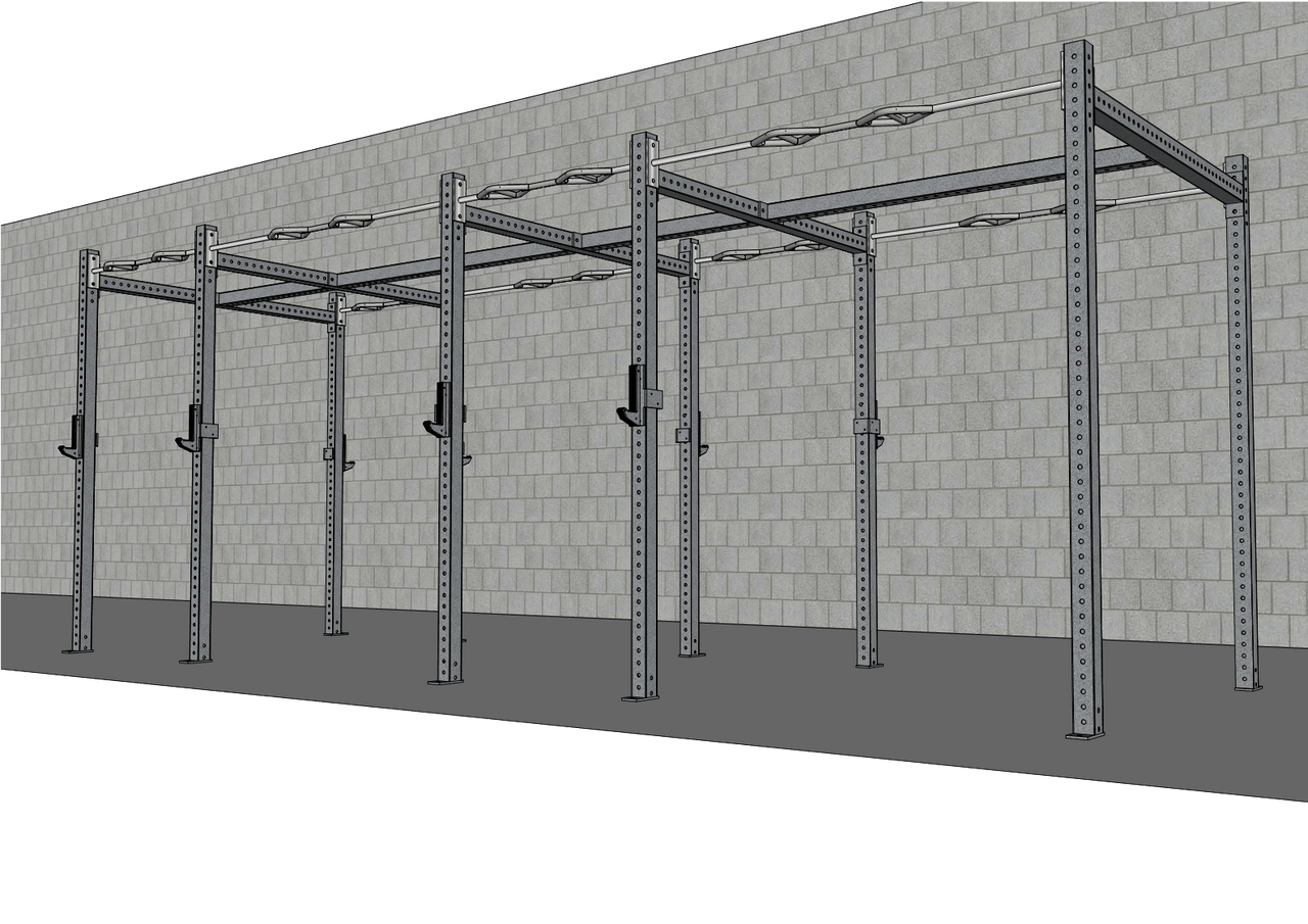 Gray steel gym rig with multi-grip pull-up bars and J-hooks against a brick wall.