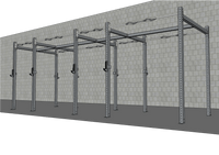 Thumbnail for Gray steel gym rig with multi-grip pull-up bars and J-hooks against a brick wall.
