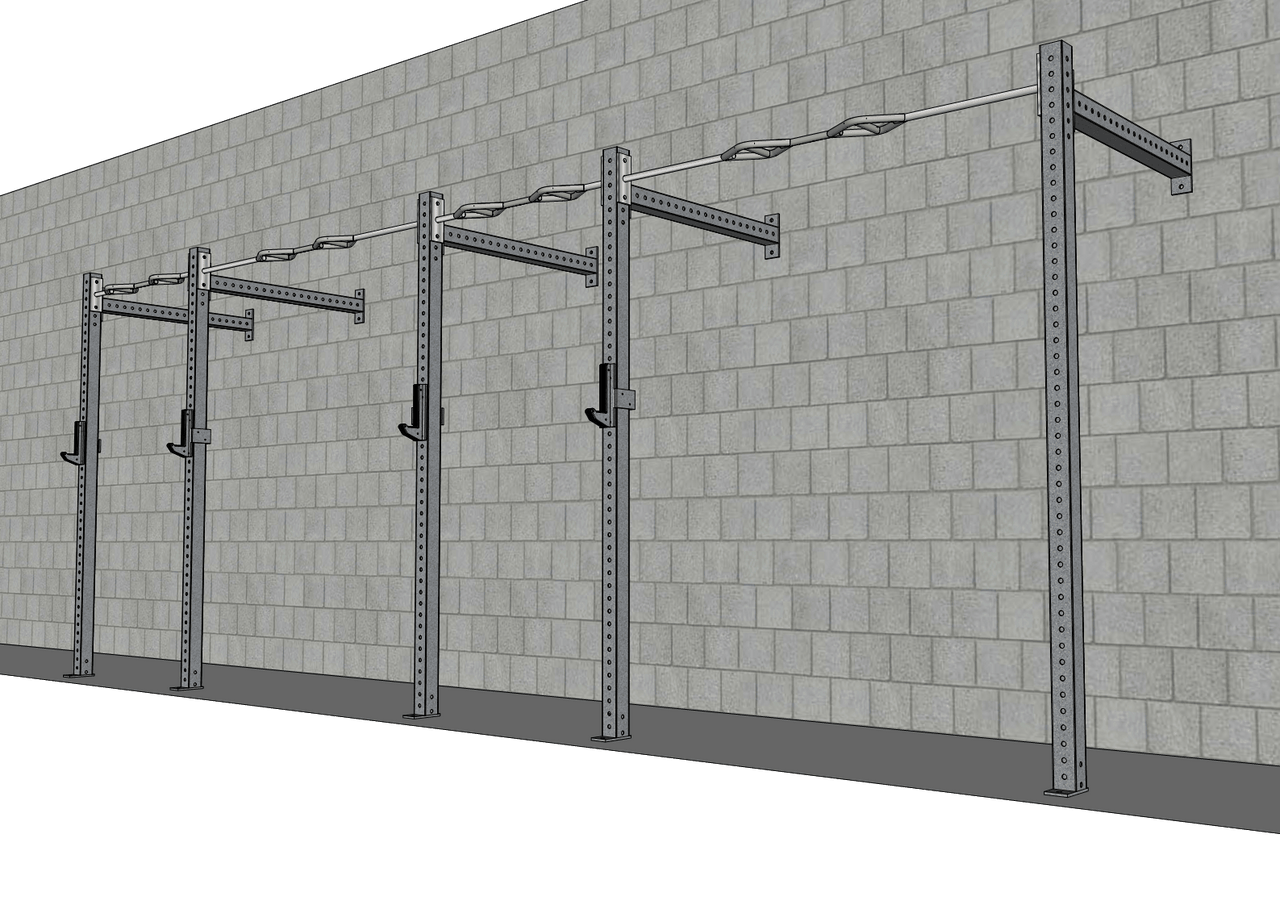 Wall-mounted steel gym rig with multi-grip pull-up bar and J-hooks against a gray brick wall.