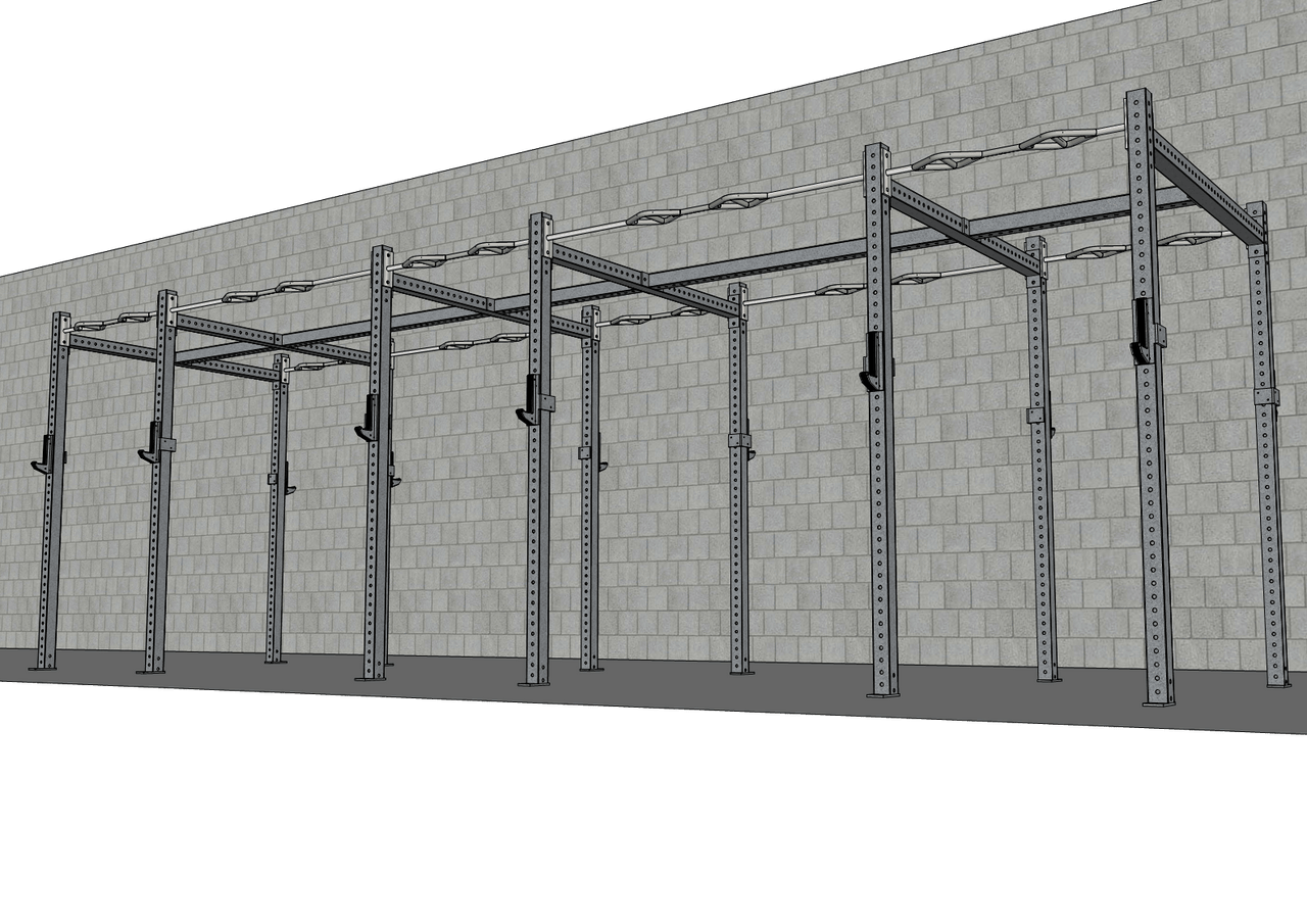 Long grey steel gym rig with multi-grip pull-up bars and J-hooks against a light brick wall.
