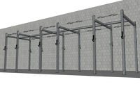 Thumbnail for Long grey steel gym rig with multi-grip pull-up bars and J-hooks against a light brick wall.