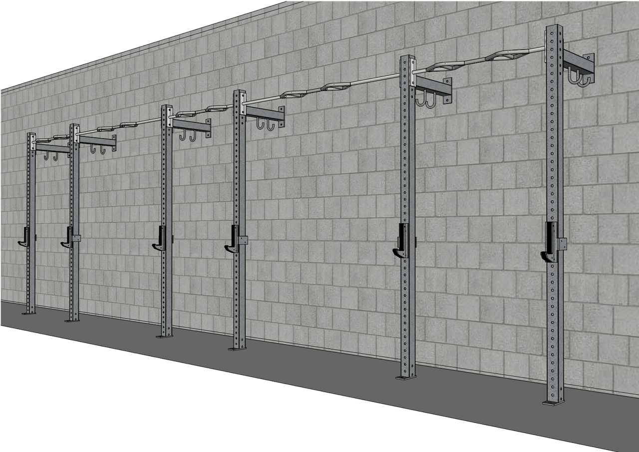 24' low profile wall mount rig with multi-grip pull-up bars and J-hooks against a concrete block wall.