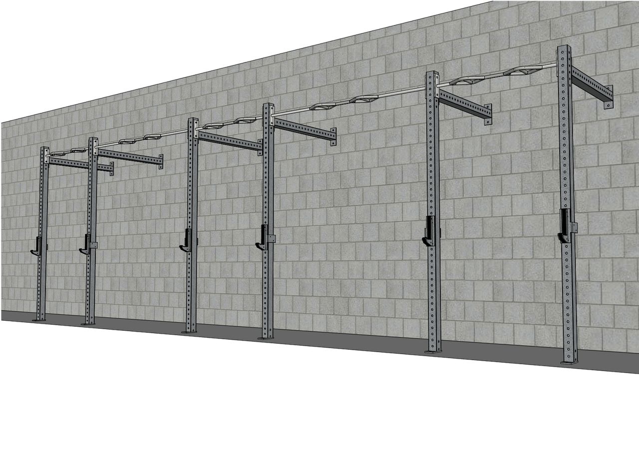 24' wall-mounted gym rig with multi-grip pull-up bar, J-hooks, and 3x3 steel uprights against a brick wall.