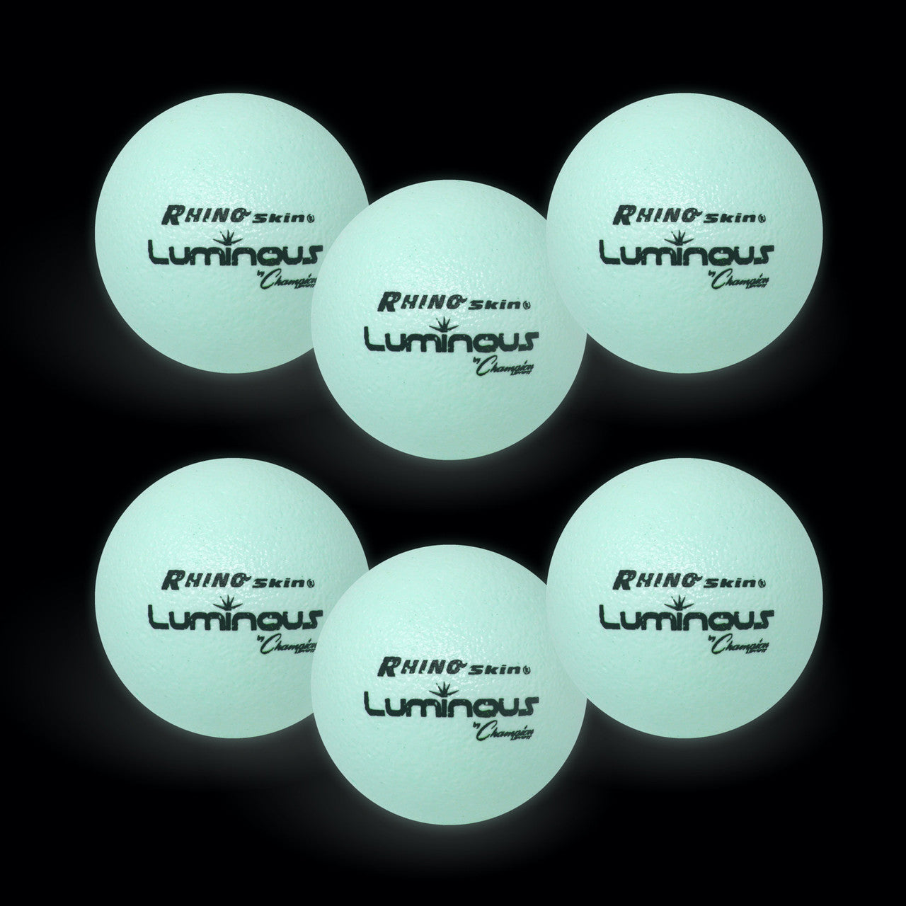 Six glowing foam dodgeballs with "Rhino Skins Luminous" logo on a black background.