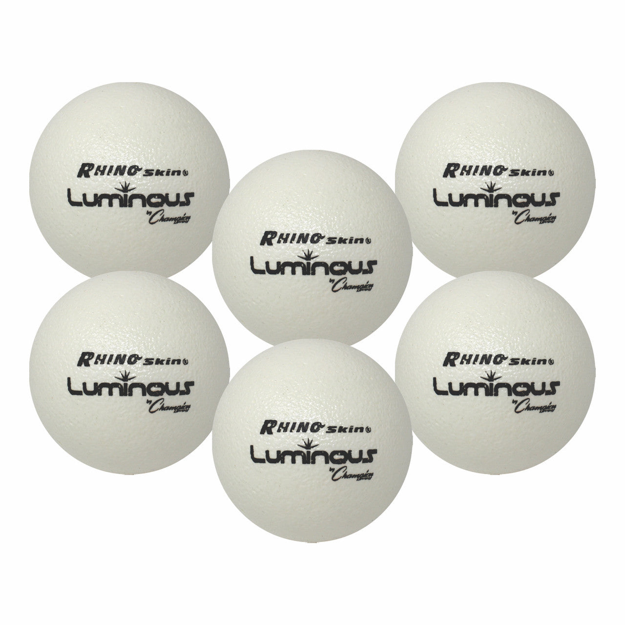 Six white foam dodgeballs with "Rhino Skins Luminous" logo in black text.