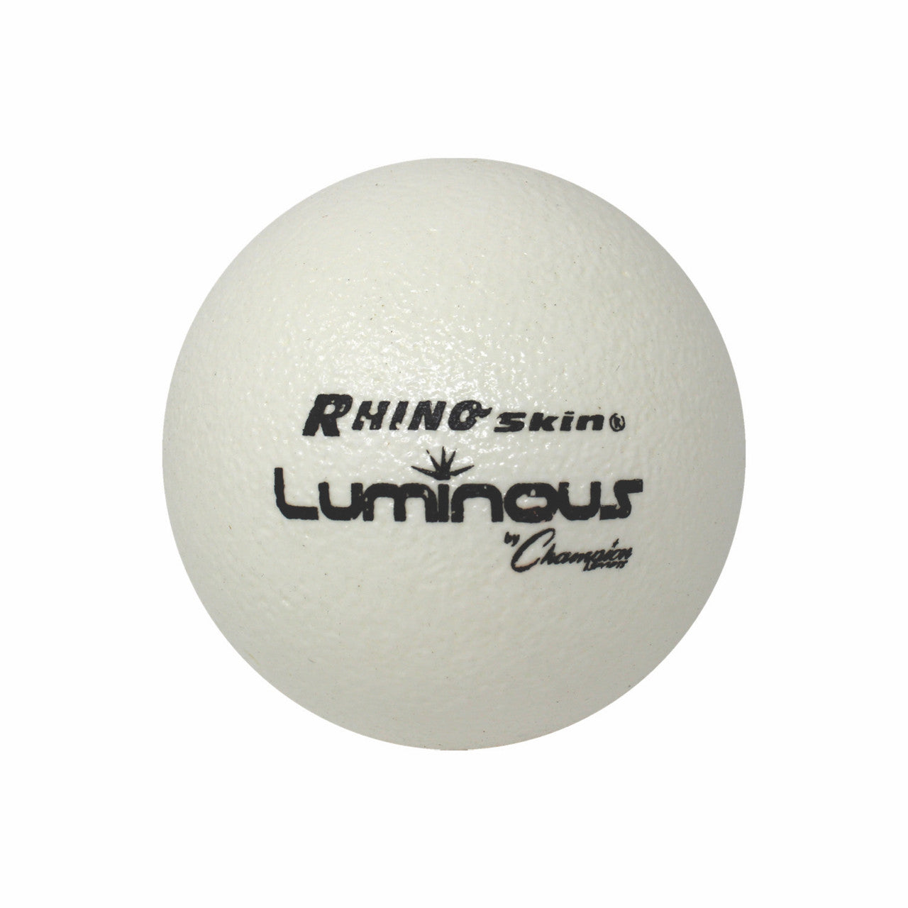 White foam dodgeball with "RHINO skin Luminous" logo in black.