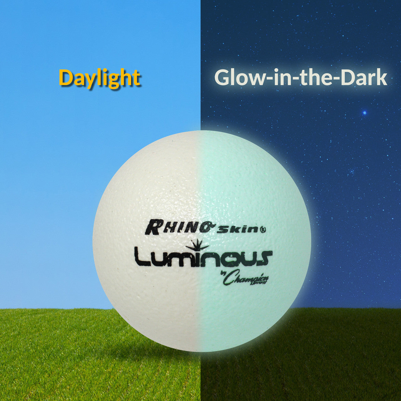 White dodgeball, half in daylight and half glowing in the dark against a night sky.
