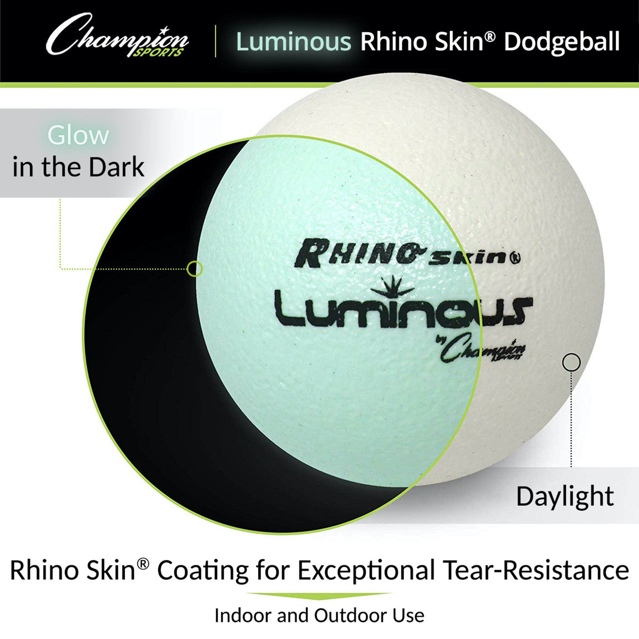 White dodgeball, half shown glowing light green in the dark with "Rhino Skin Luminous" text.
