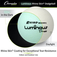 Thumbnail for White dodgeball, half shown glowing light green in the dark with 