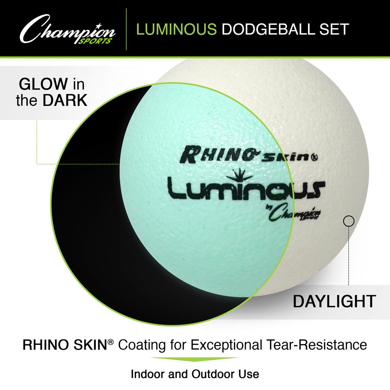 White dodgeball with a glow-in-the-dark section showing "Rhino Skin Luminous" text.