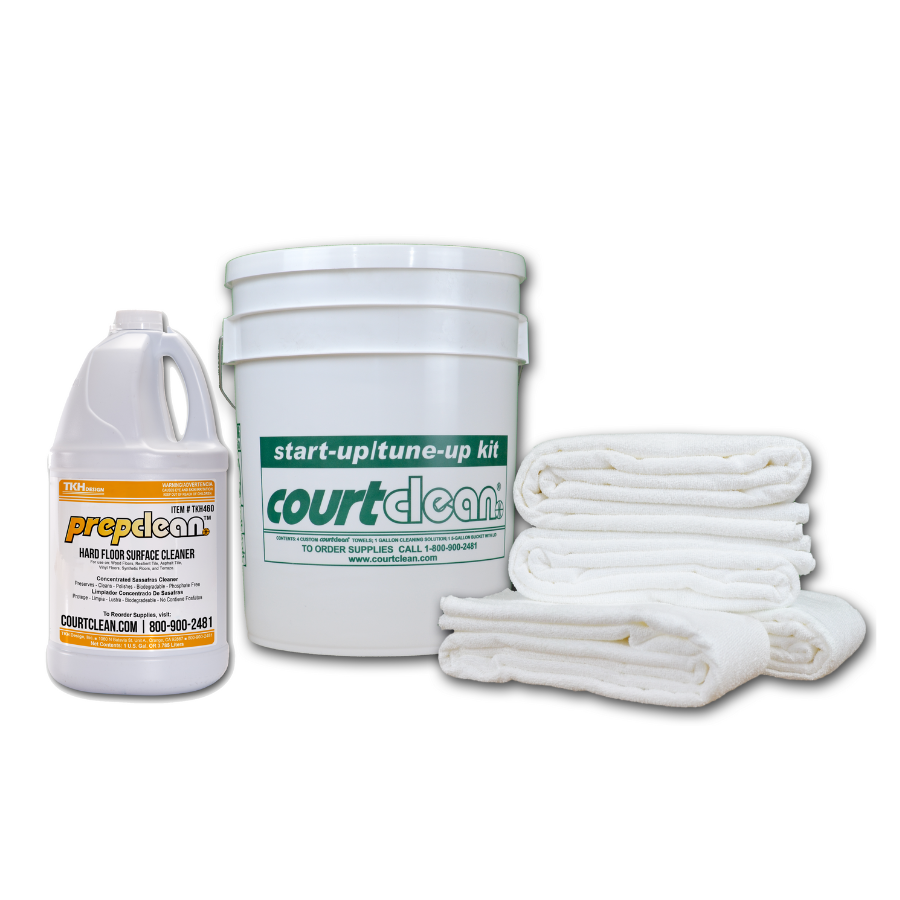 CourtClean Start Up Kit with floor cleaner, towels and mixing pail