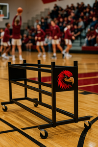 Thumbnail for Black custom ball rack with a red eagle logo on a basketball court.