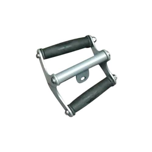 Silver rotating low pulley double handle bar with black rubber grips.