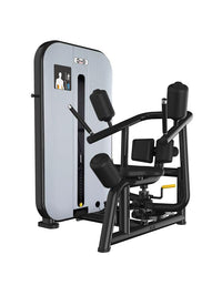 Thumbnail for Black and gray rotary torso fitness machine with padded seat and armrests, weight stack on left.