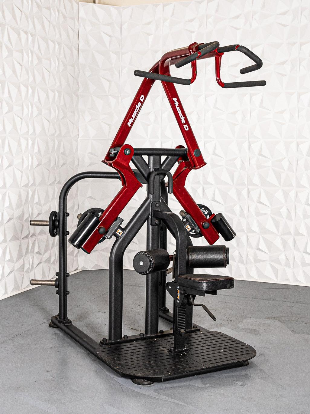 Red and black Muscle D Fitness rotary lat pull-down machine with adjustable seat and plate-loaded arms.
