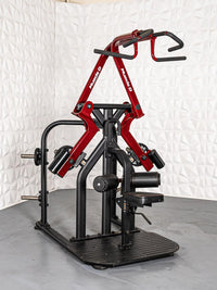 Thumbnail for Red and black Muscle D Fitness rotary lat pull-down machine with adjustable seat and plate-loaded arms.