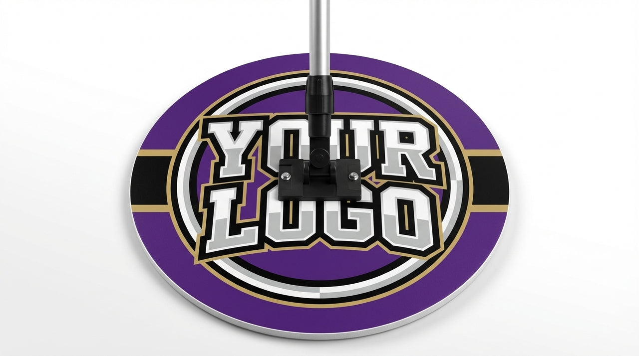 Round purple sweat mop with "YOUR LOGO" in white and gold text.