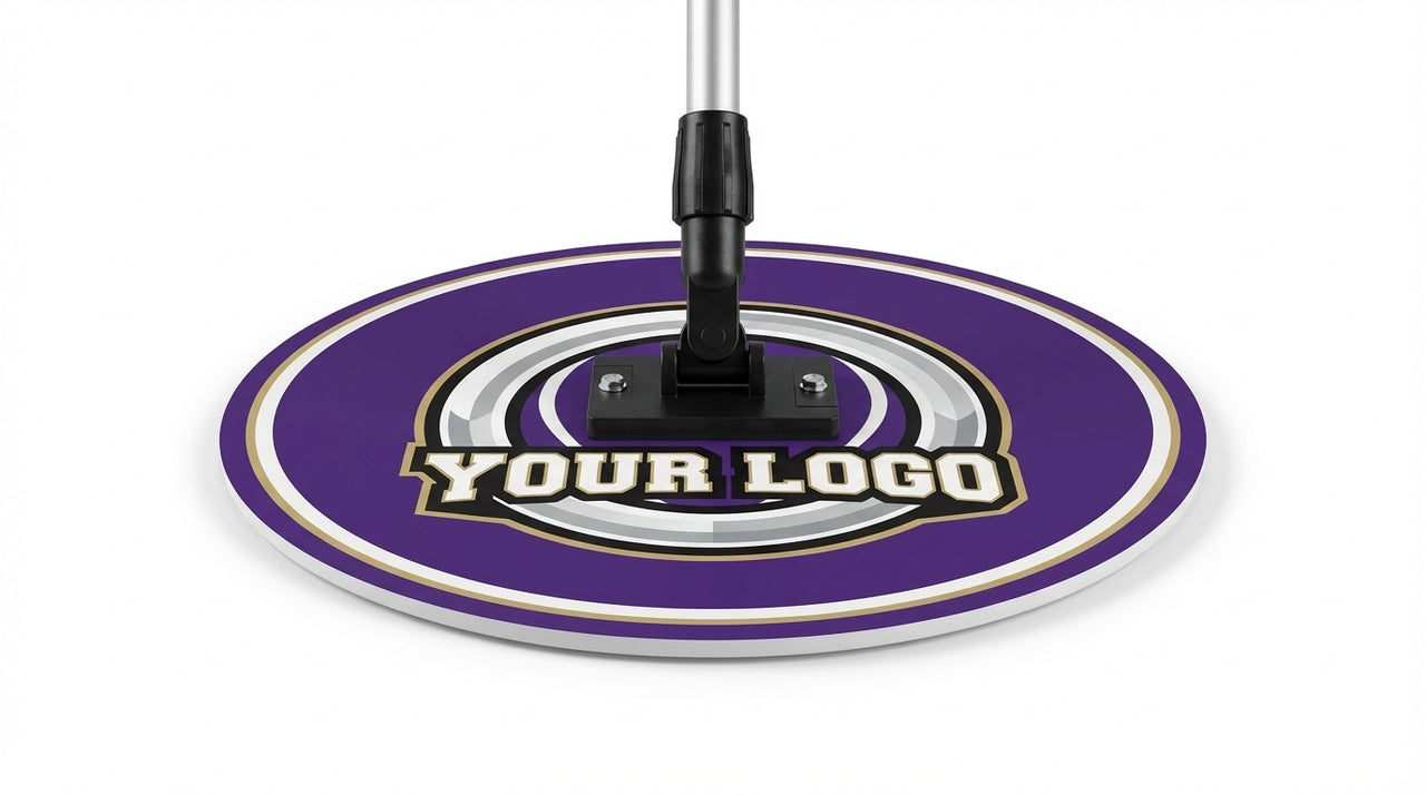 Purple oval sweat mop with "YOUR LOGO" text and silver/gold rings, attached to a black handle.