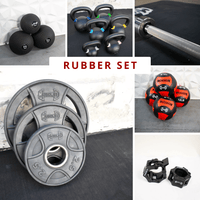 Thumbnail for Collage of strength training equipment: medicine balls, kettlebells, barbell, weight plates, and barbell clamps.