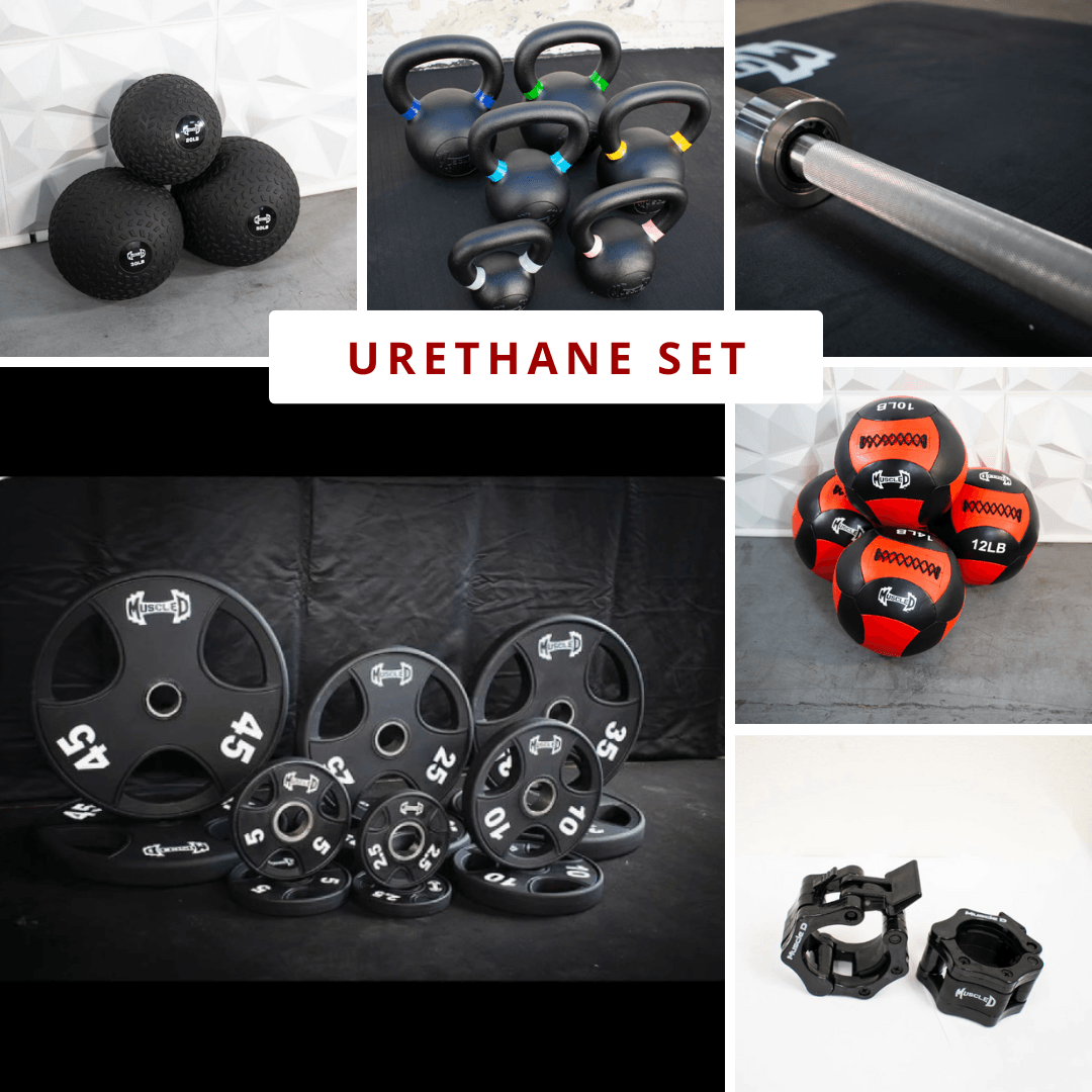 A collage of strength training equipment: medicine balls, kettlebells, an Olympic bar, weight plates, and bar clamps.