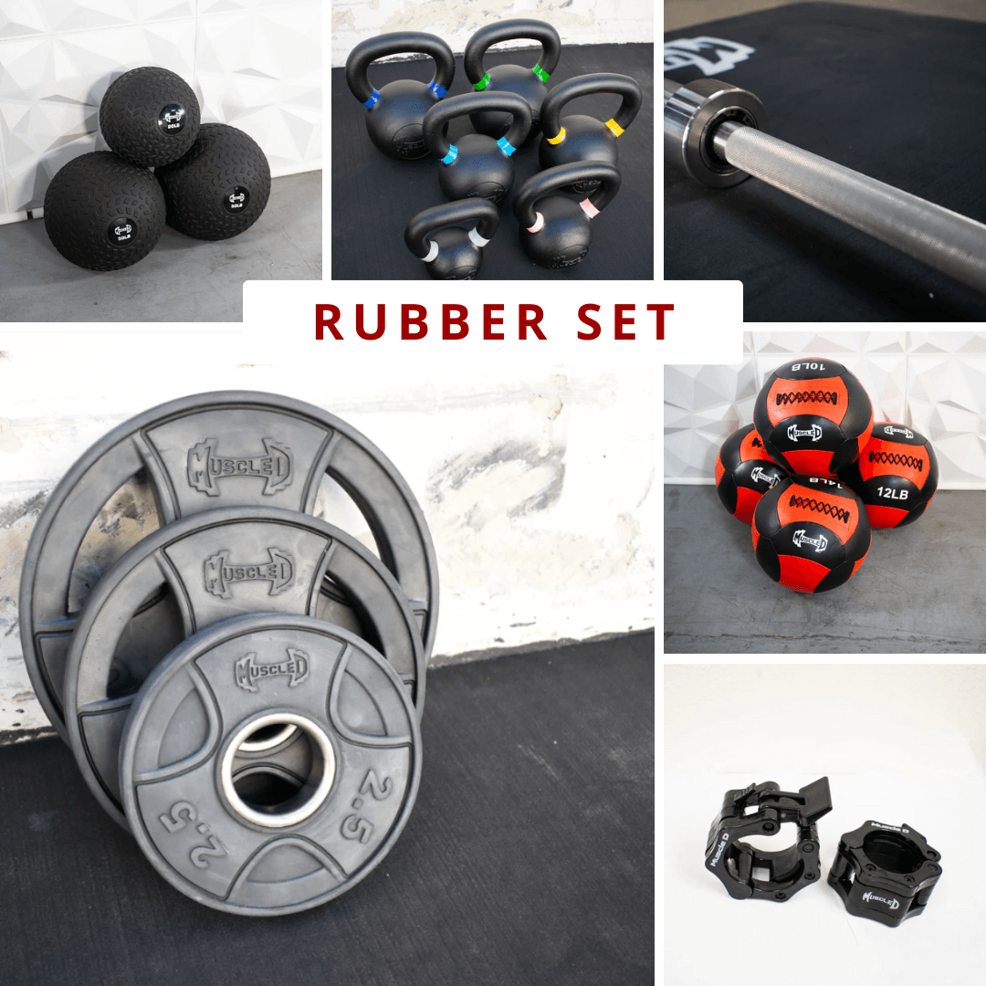 A collage of strength training equipment: medicine balls, kettlebells, Olympic bar, weight plates, and barbell collars.