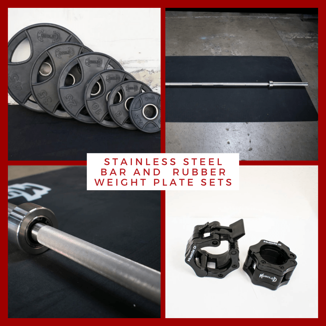 Collage of rubber weight plates, an Olympic barbell, and barbell collars.