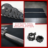 Thumbnail for Collage of rubber weight plates, an Olympic barbell, and barbell collars.