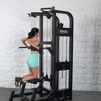 Thumbnail for Woman doing dips on a black Excel assisted chin/dip combo machine with a collapsable knee pad.