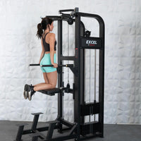 Thumbnail for Woman performing assisted dips on a black Excel chin/dip combo machine with a collapsable knee pad.