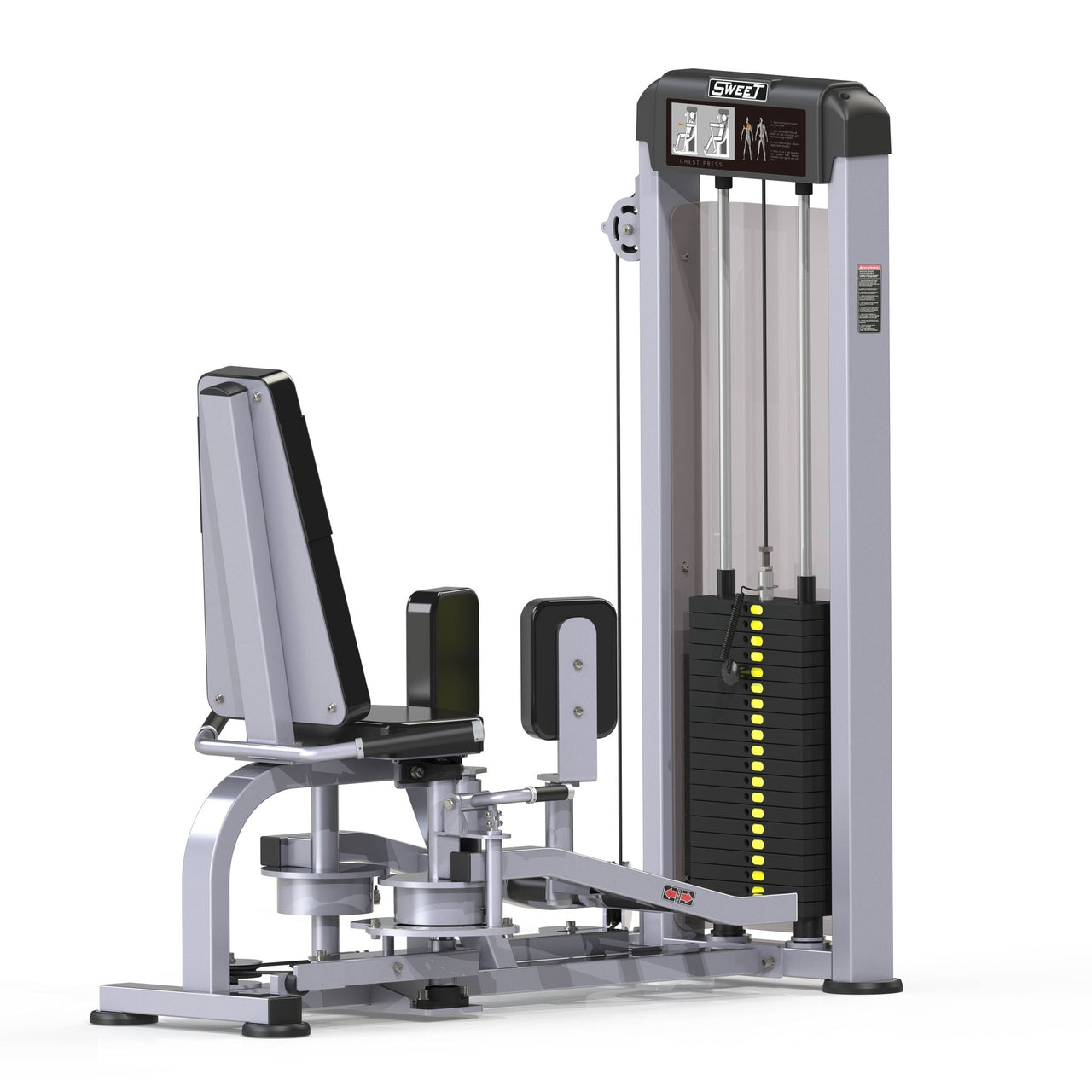 Gray and black inner/outer thigh exercise machine with weight stack.