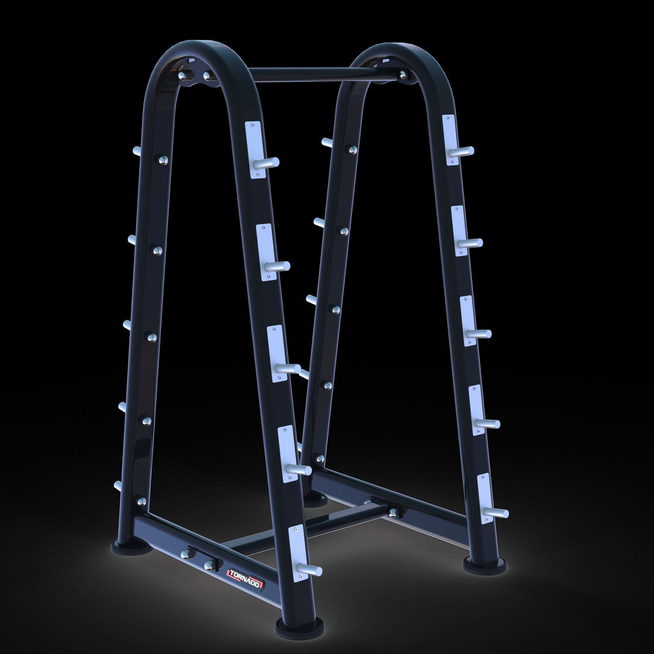 Black barbell rack with multiple silver pegs for weight storage.