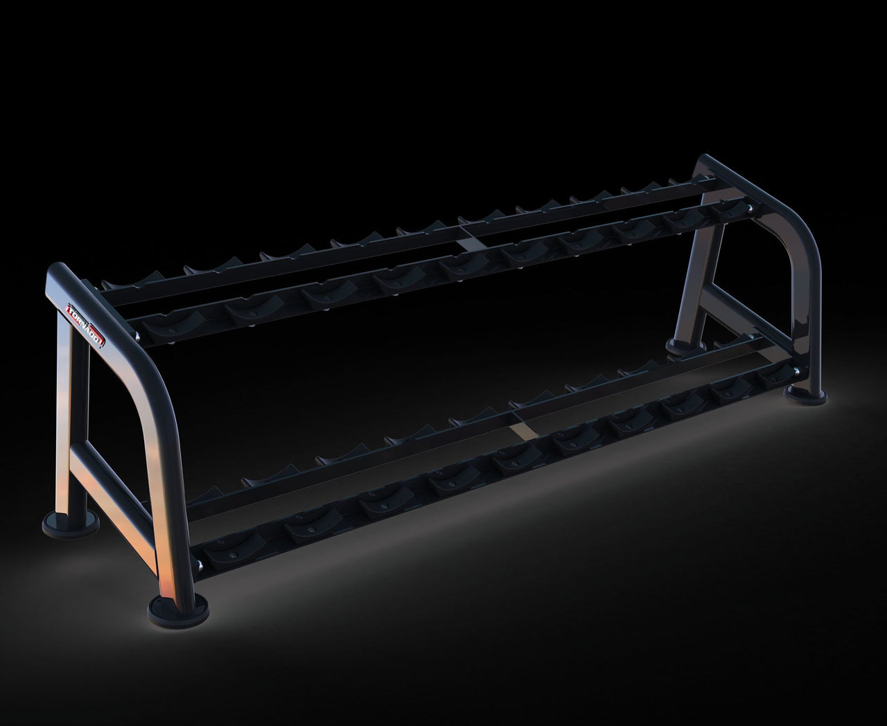 Black 2-tier dumbbell rack with angled sides and rubberized cradles, empty on a dark background.