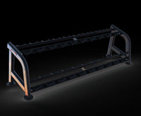 Thumbnail for Black 2-tier dumbbell rack with angled sides and rubberized cradles, empty on a dark background.