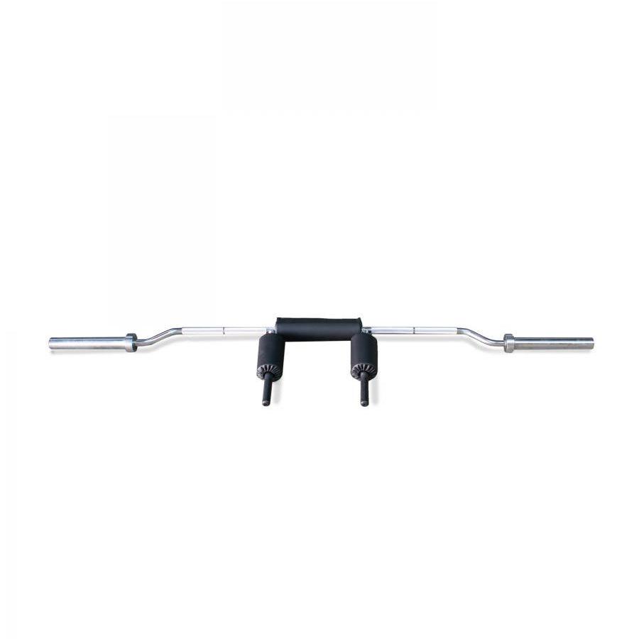 Silver Olympic safety squat bar with thick black pads and handles.