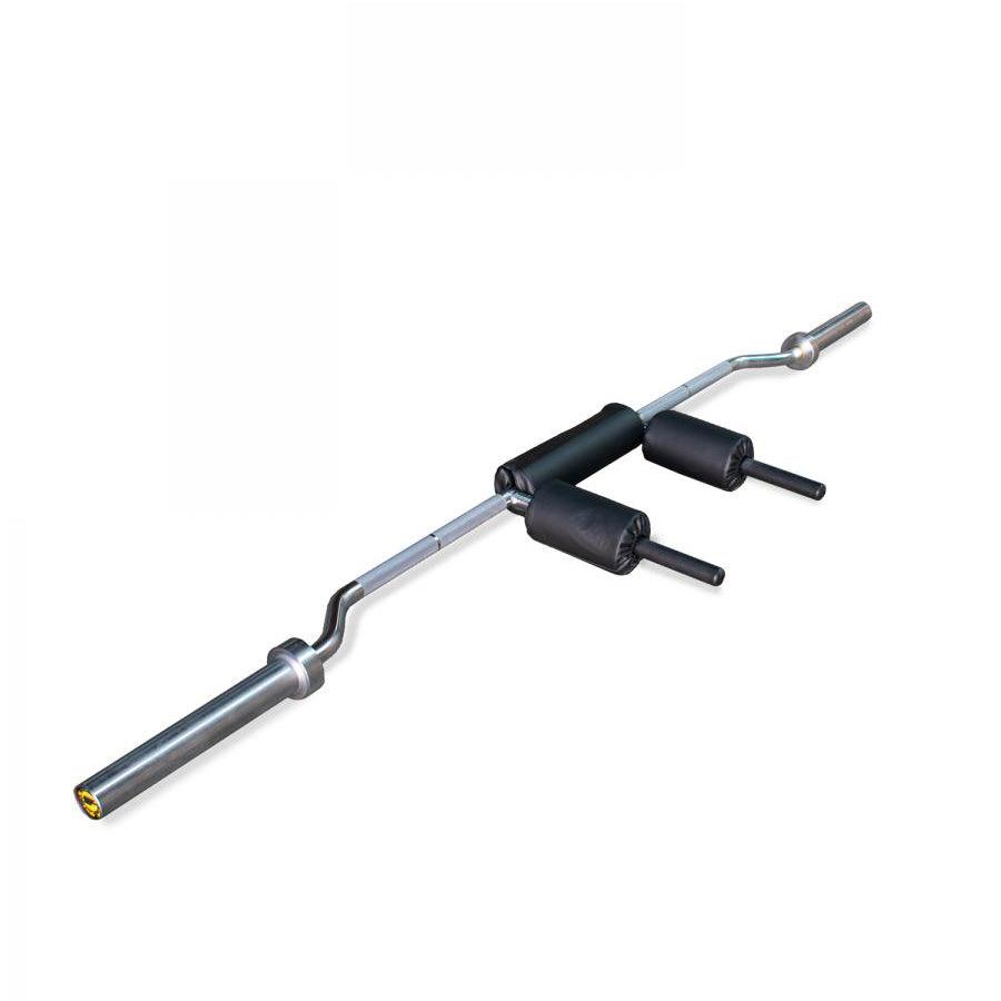 Silver Olympic safety squat bar with black thick pads and handles.