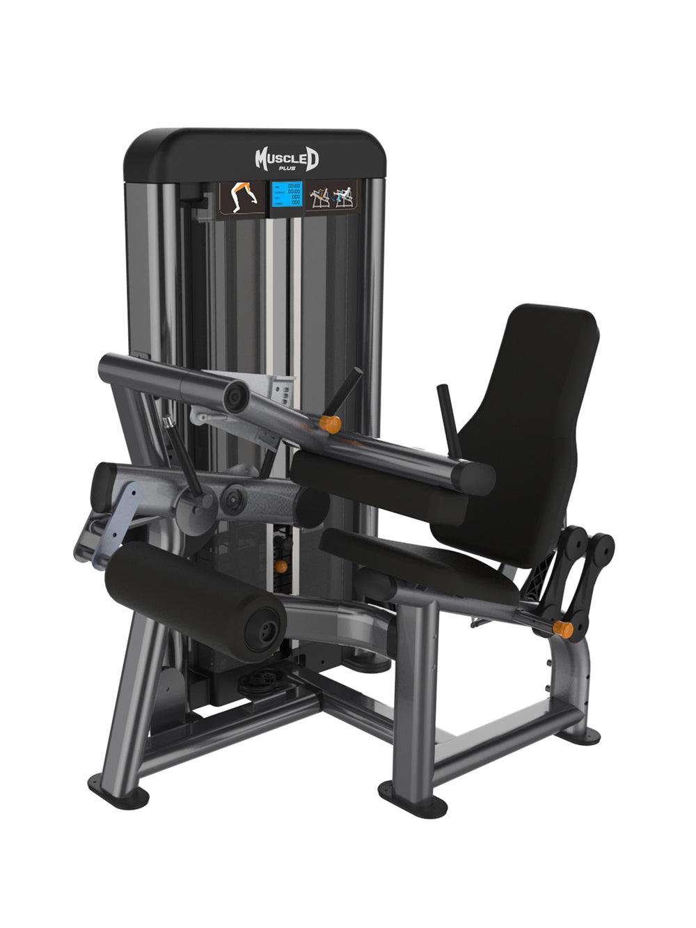 Gray and black seated leg curl machine with weight stack, seat, and leg pads.