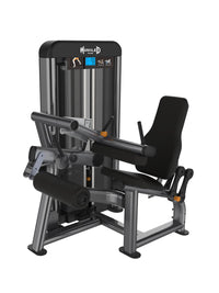 Thumbnail for Gray and black seated leg curl machine with weight stack, seat, and leg pads.
