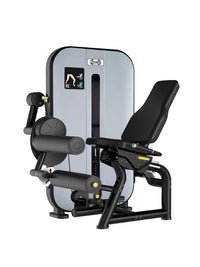 Thumbnail for Black and gray seated leg curl machine with adjustable seat and pin selectorized weight stack.