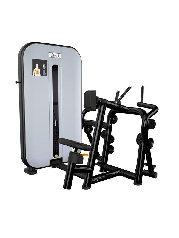 Black and gray seated row machine with adjustable seat and pin selectorized weight stack.