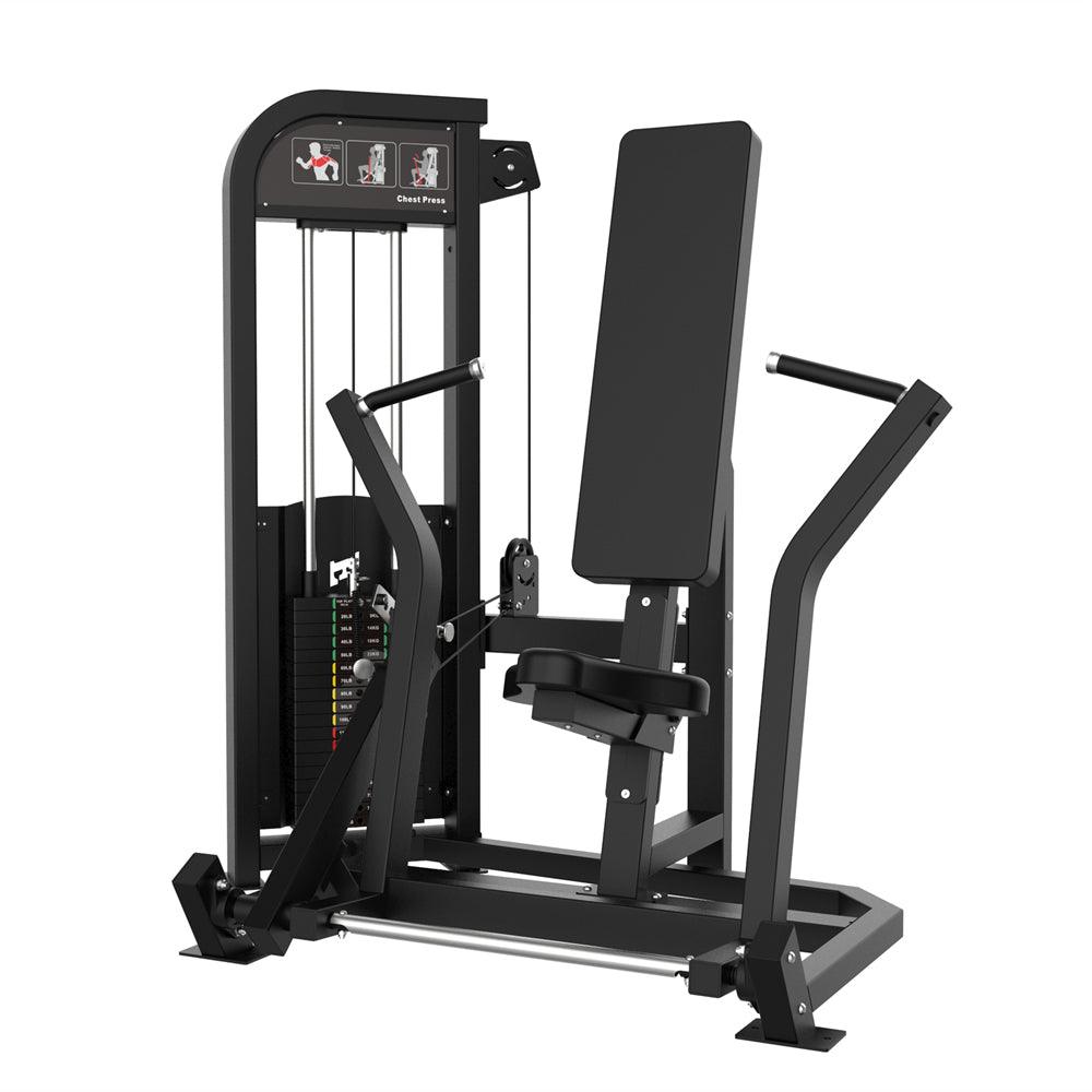 Black selectorized seated chest press machine with weight stack and adjustable seat.
